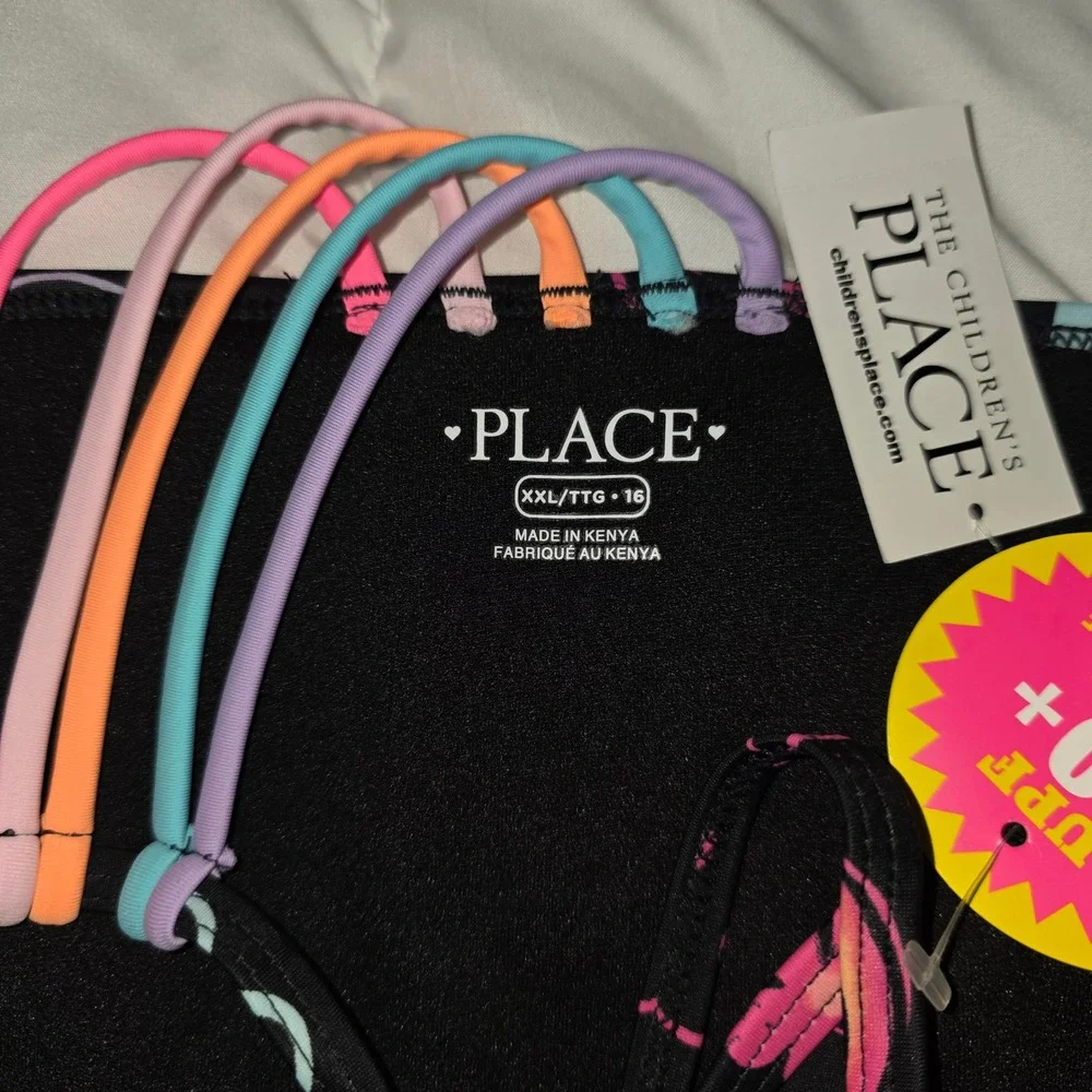 The Children's Place Girls XXL 16 One Piece Swimsuit Smiley Peace UPF 50+ Black